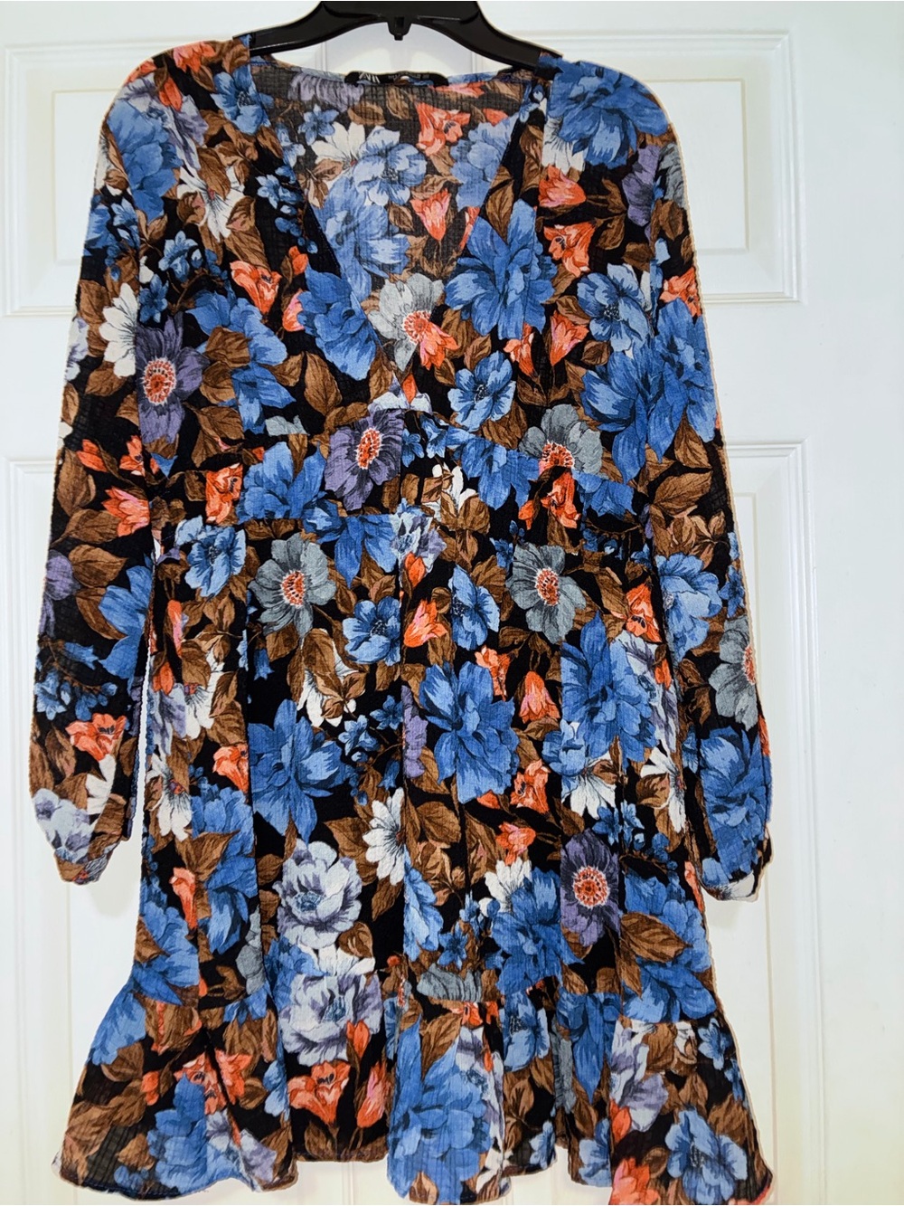 Zara Floral Deep V-Neck Mini Dress — Blue, Brown, Coral